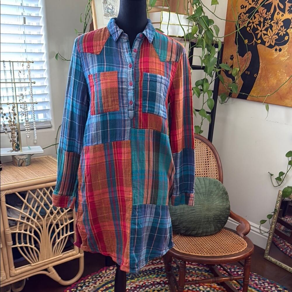 Sundance Restwell Patchwork Plaid Cotton Flannel Preppy Pullover Shirt Dress
